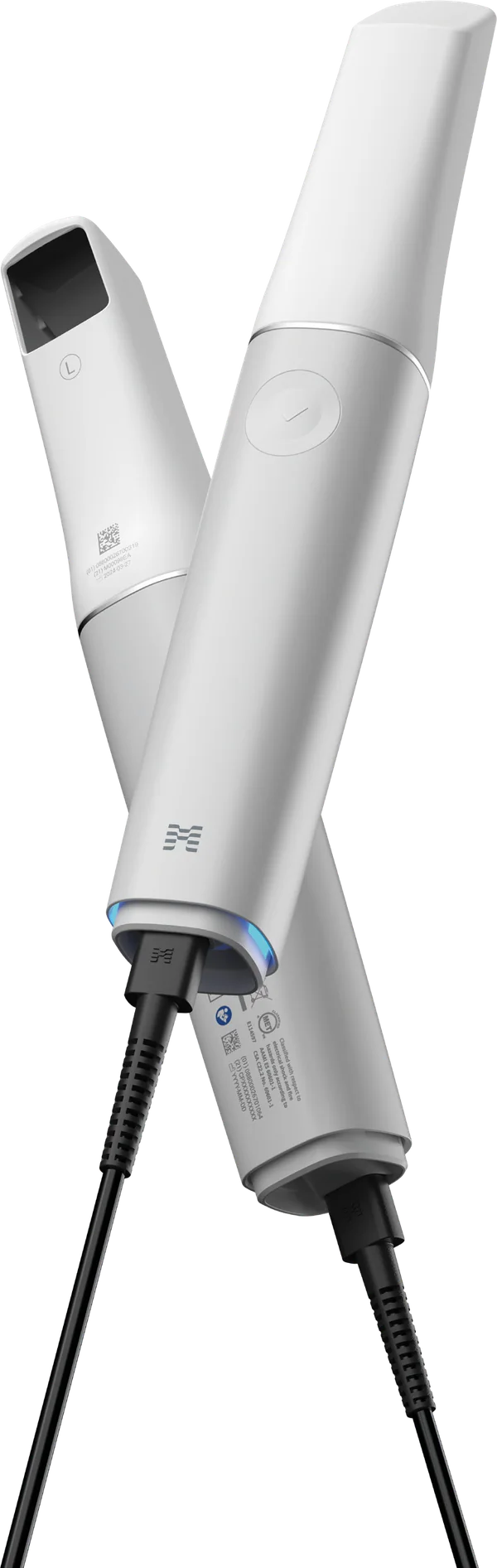 Two Medit iE intraoral scanners crossed, showing the tip, scan button, LED ring and cable